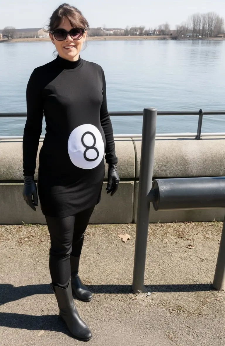 pregnant woman in black dress with white circle number 8 on belly sunglasses magic 8 ball costume 3
