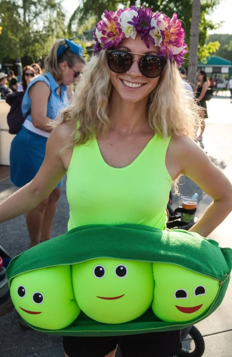 woman in bright green tank top with green pod-shaped belly attachment containing small peas flower crown 4