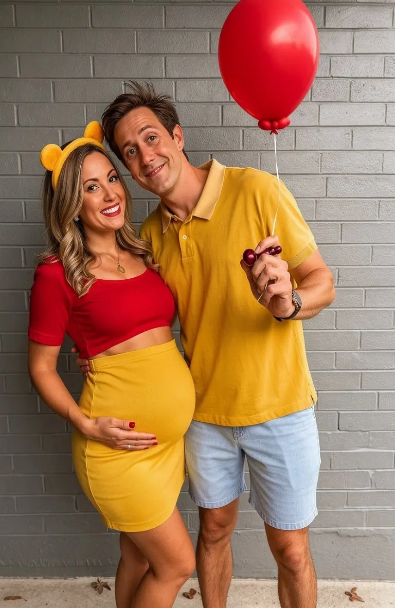 pregnant woman in red crop top yellow skirt with partner in yellow polo holding red balloon pooh costume 6
