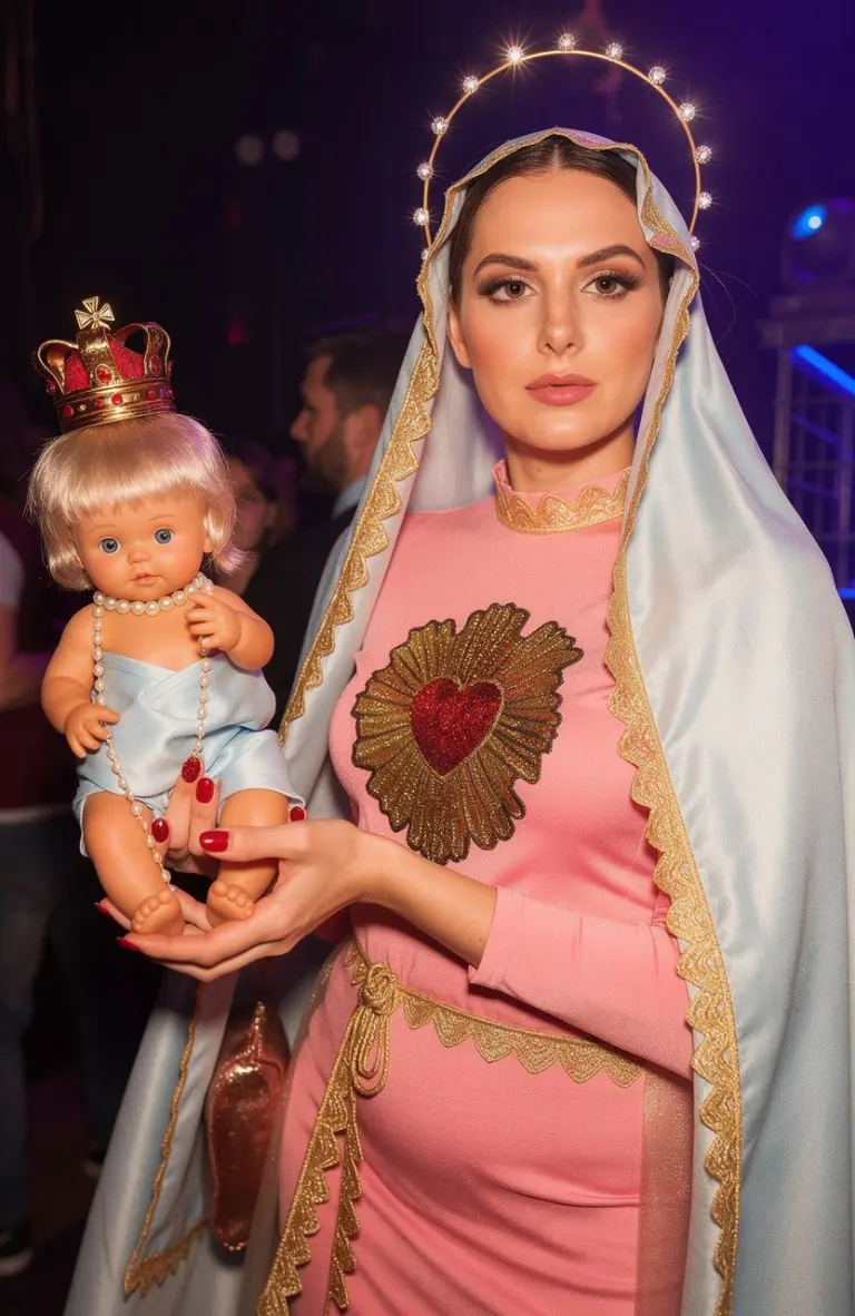 woman wearing pink dress with white veil and gold trim holding baby doll madonna costume outfit 4