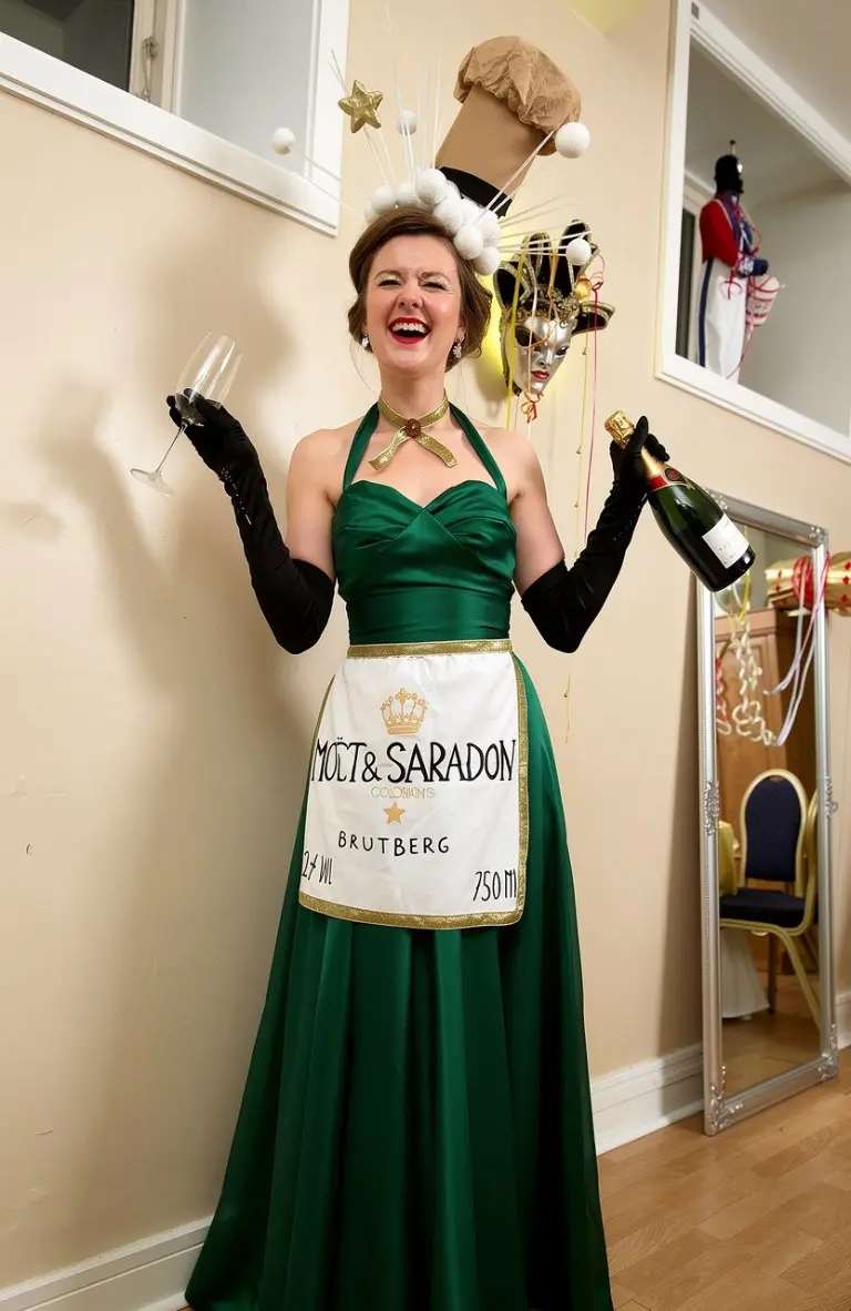 woman wearing green dress with white apron and cork hat champagne bottle costume outfit 5