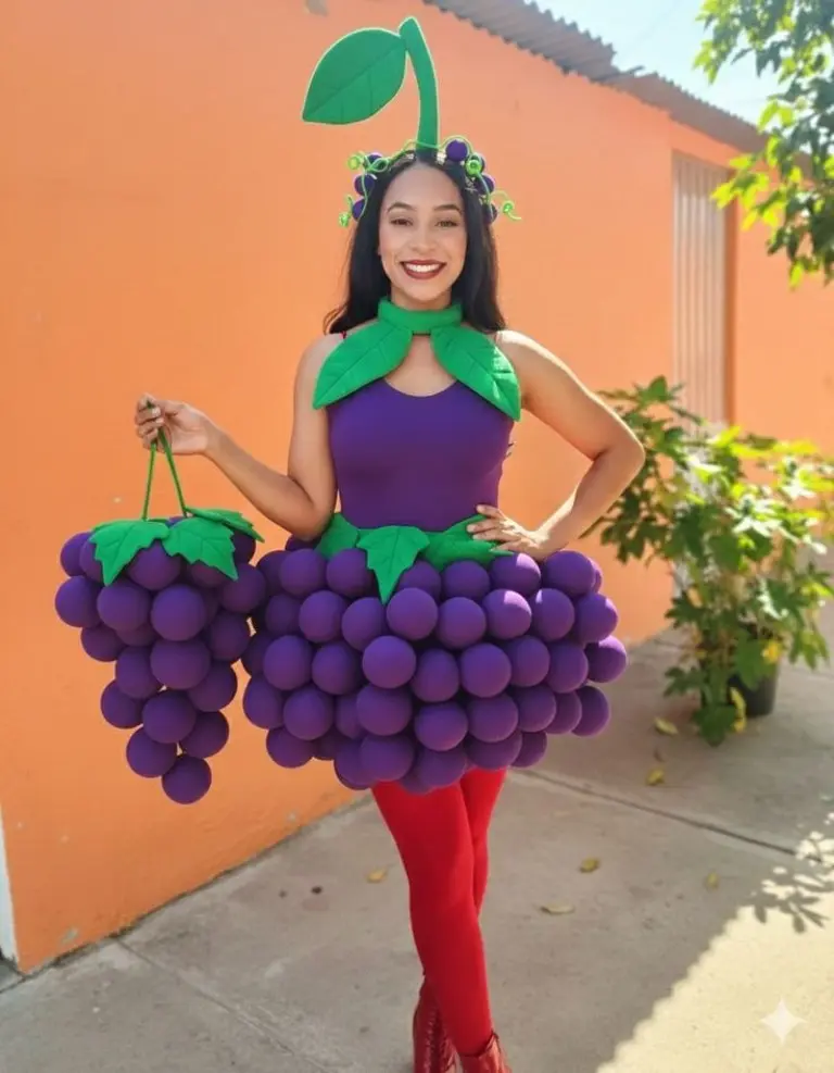 woman wearing purple dress with grape clusters attached and green leaf headpiece costume outfit 10