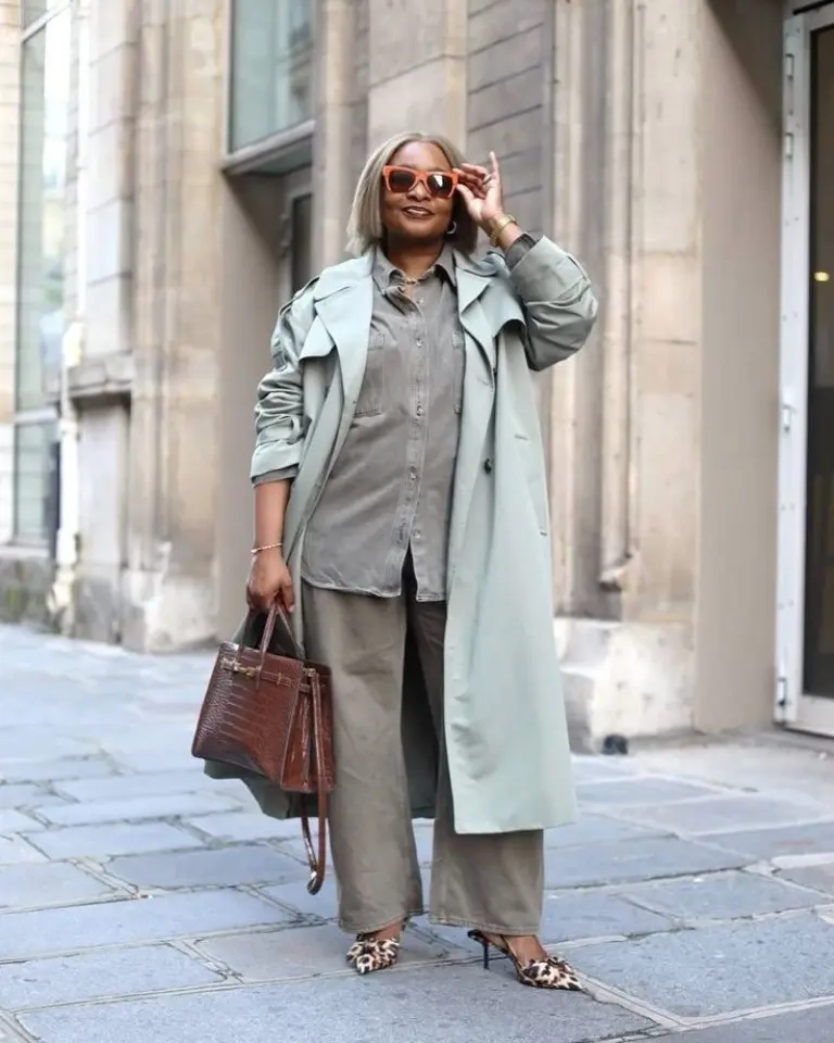 woman in light grey trench coat grey shirt olive pants sunglasses brown handbag leopard flats 14
