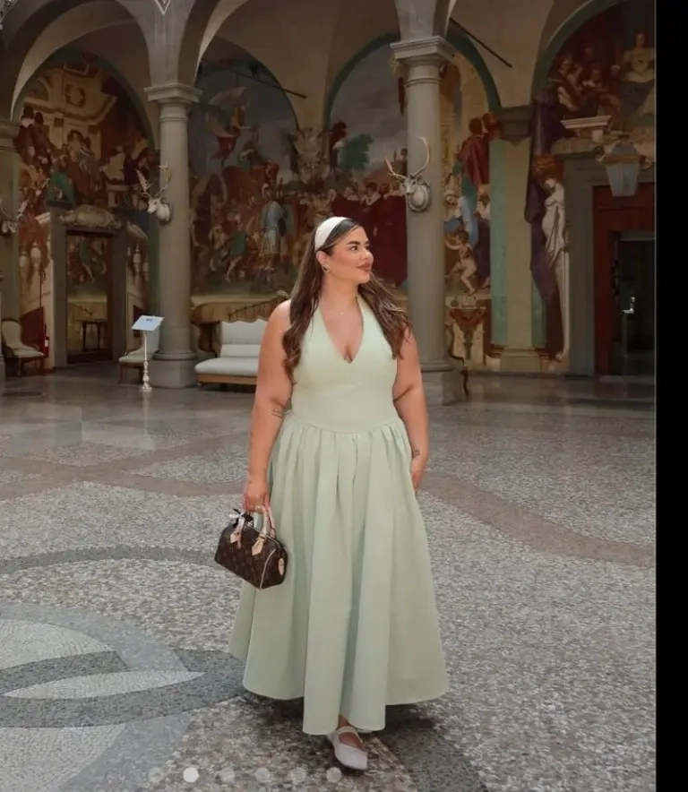 sage green maxi dress white headband brown bag flats outfit 3