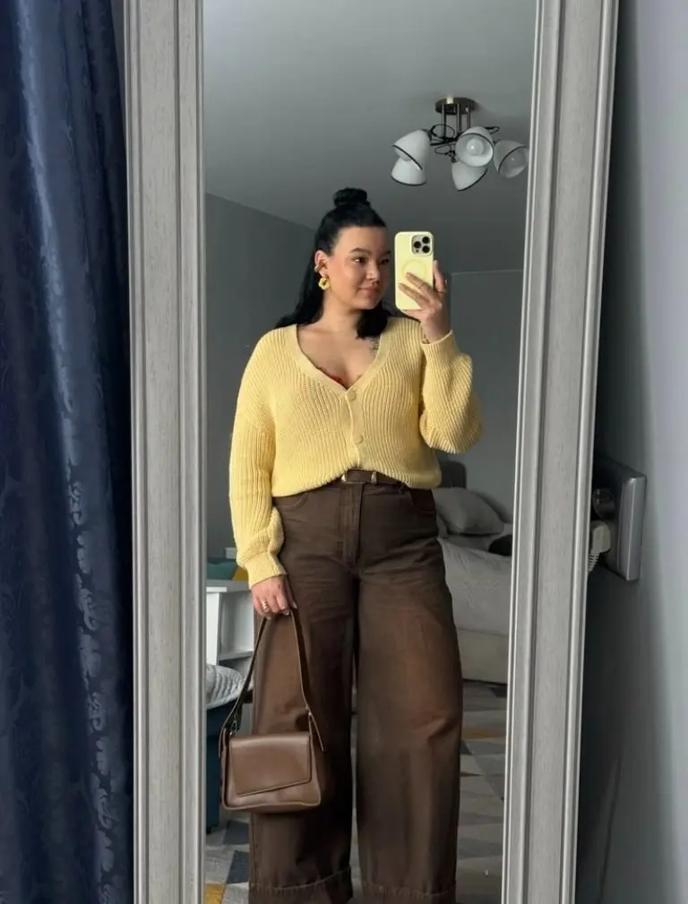 yellow v-neck cardigan brown wide leg pants brown bag outfit 14