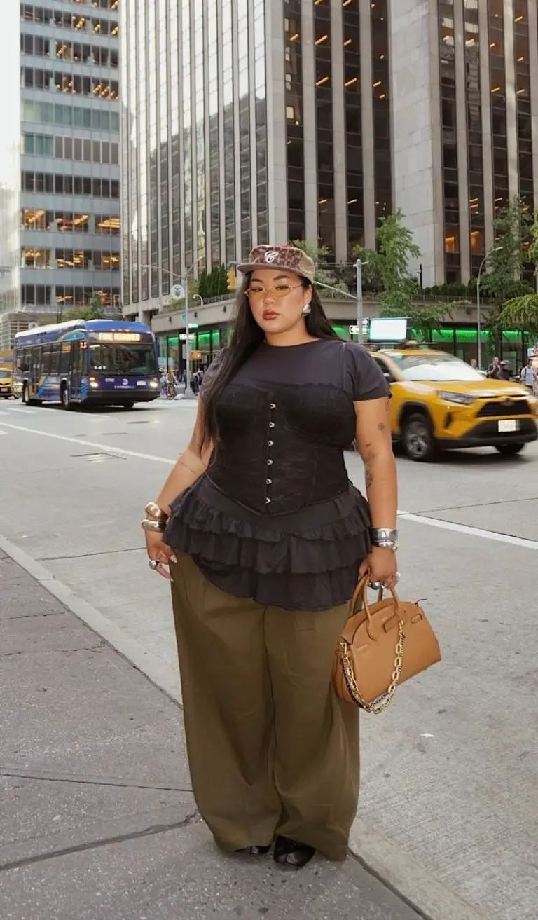 black corset top olive wide leg pants bucket hat brown bag outfit 12
