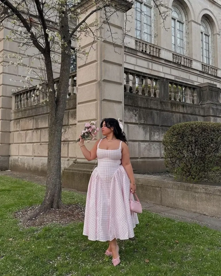 pink gingham midi dress matching bag pointed heels outfit 4