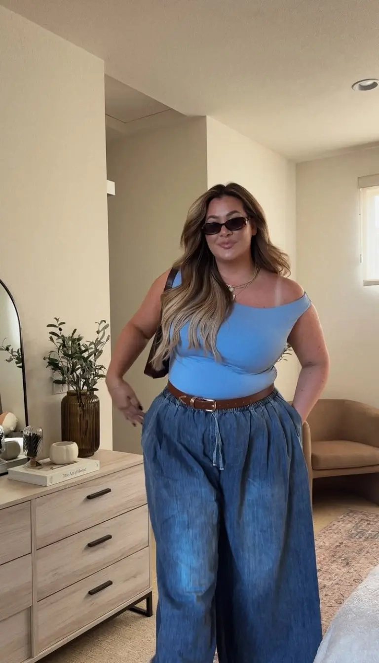 blue crop top matching wide leg pants sunglasses outfit 2