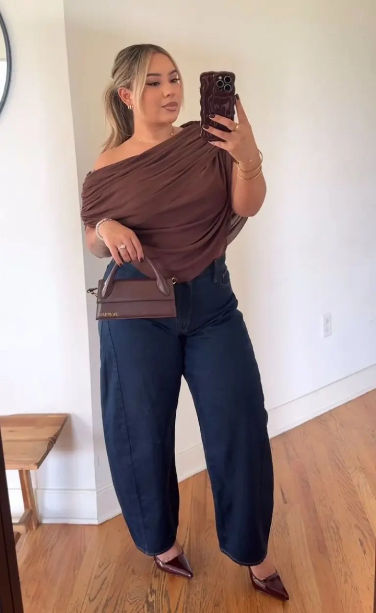 brown off shoulder top wide leg jeans brown bag outfit 17