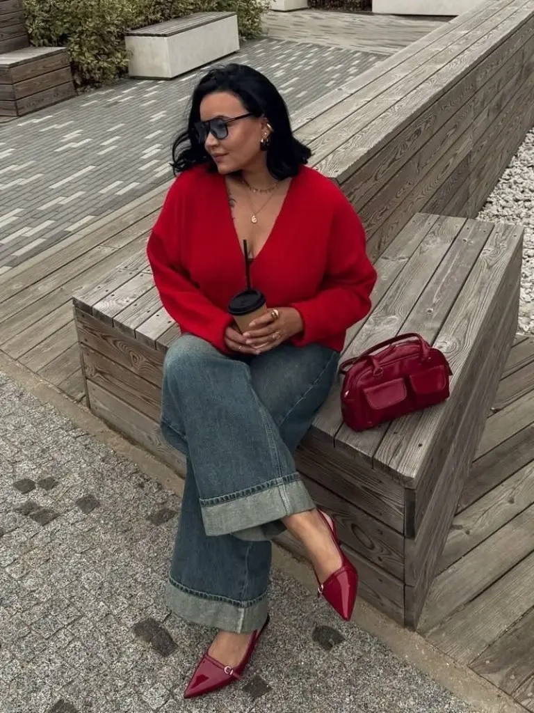 red v-neck cardigan cuffed jeans pointed shoes red bag outfit 8