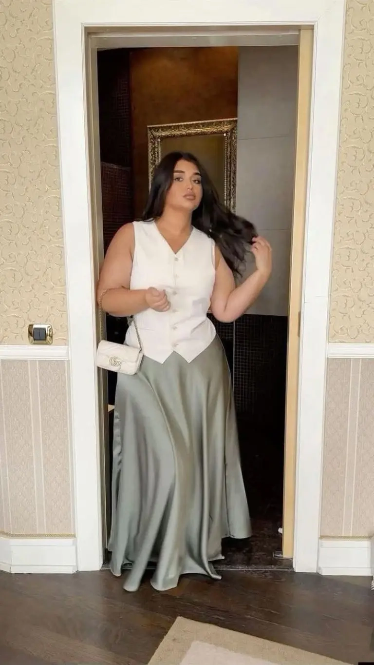 white fitted vest sage green slip skirt white bag outfit 16