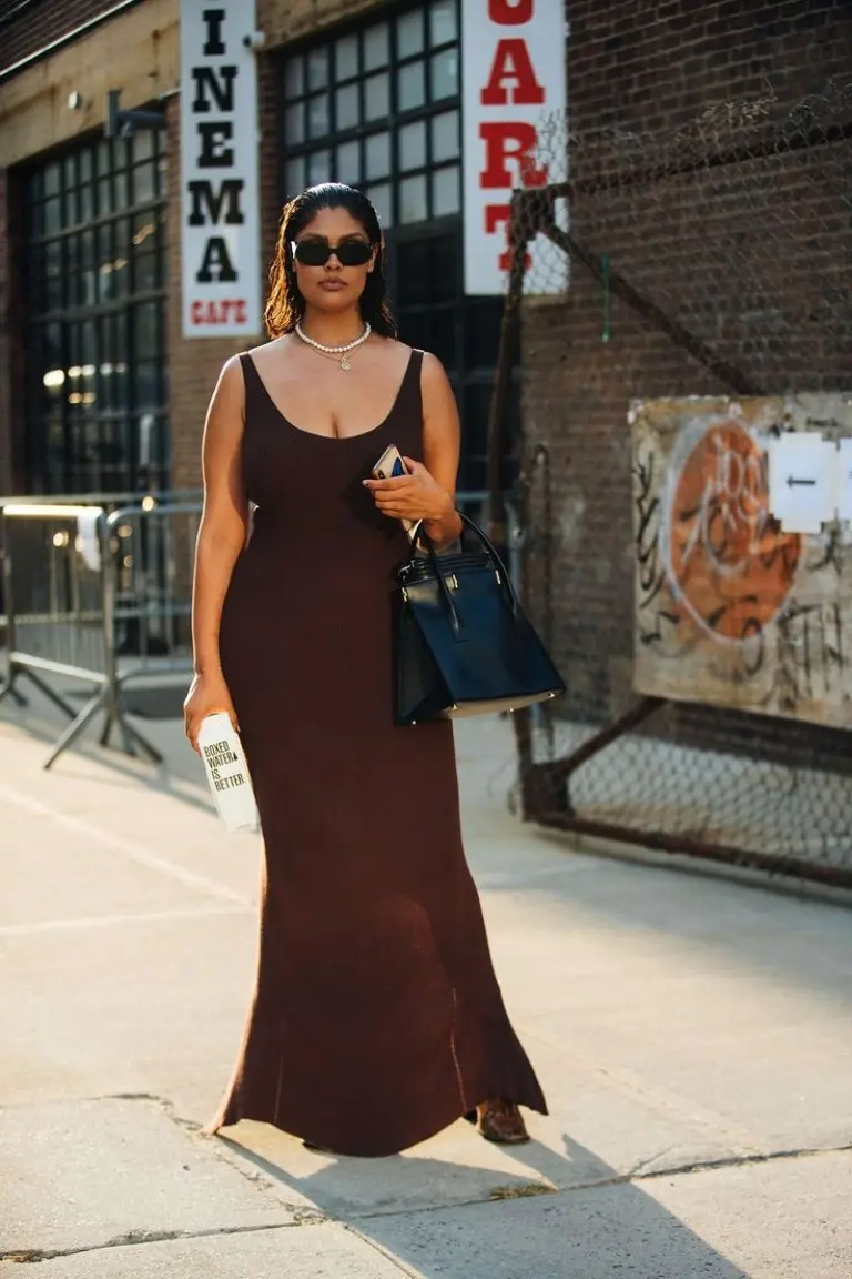 woman in brown bodycon tank dress sunglasses black handbag street style outfit 9