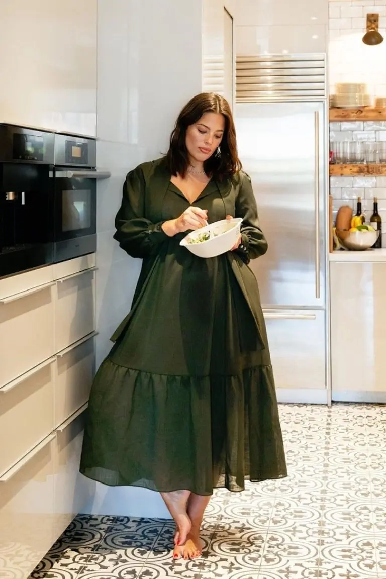 woman in olive green tiered long sleeve midi dress kitchen setting outfit 8