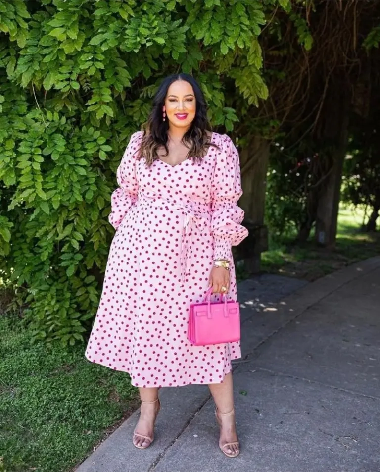 woman in pink polka dot wrap midi dress bright pink handbag nude heels outfit 10