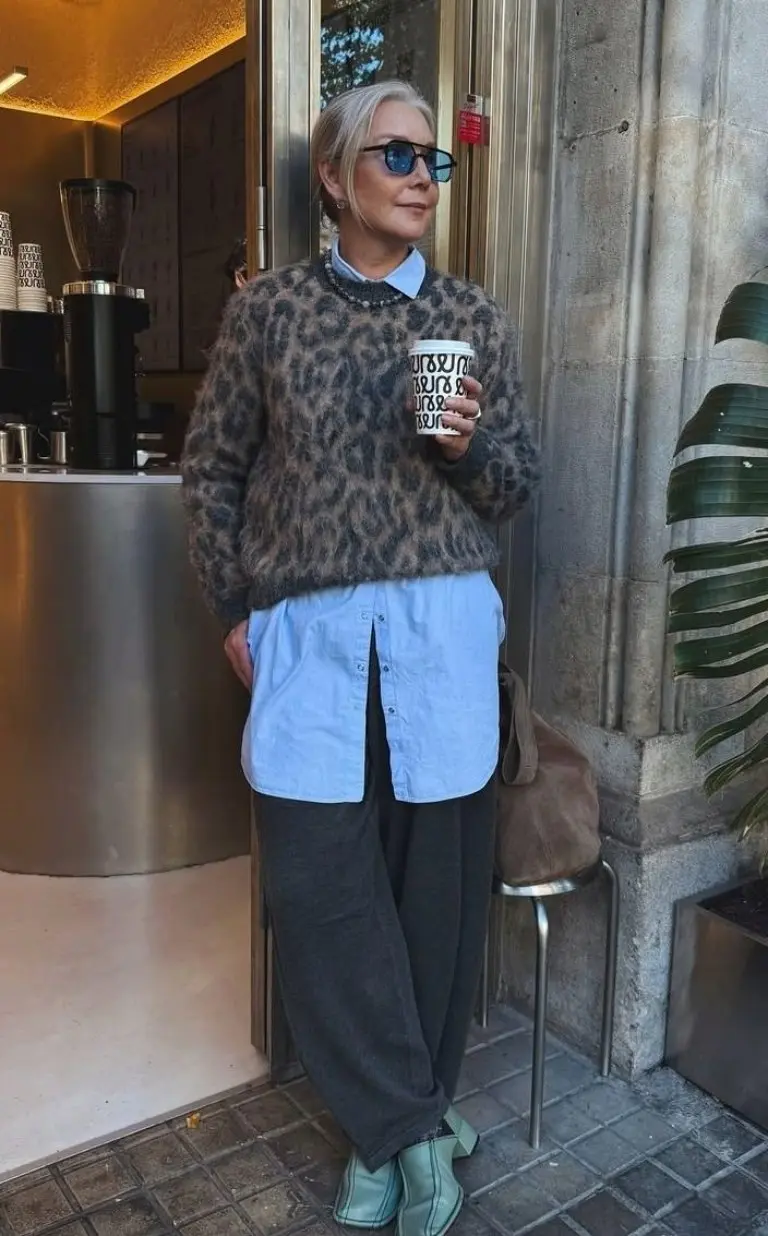 leopard print sweater blue button shirt dark pants mint green sneakers sunglasses outfit 2