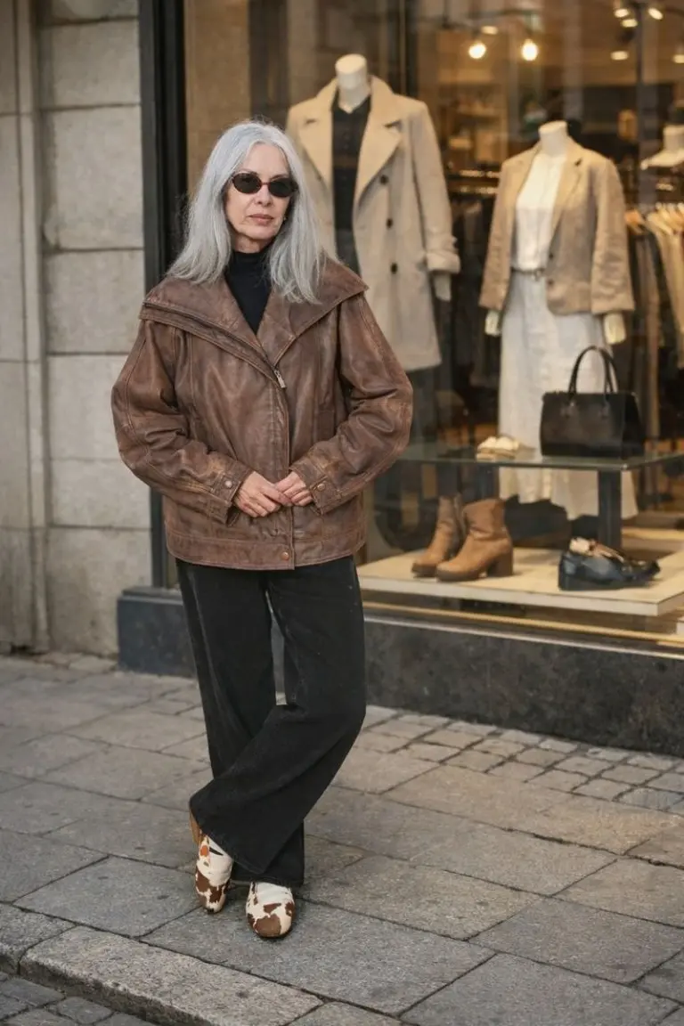 brown leather jacket black turtleneck black wide-leg pants patterned flats sunglasses outfit 7