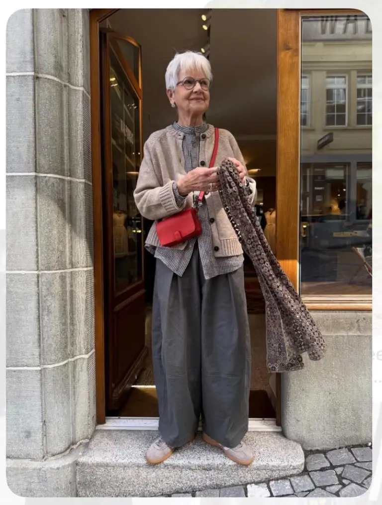 beige cardigan gingham shirt olive wide-leg pants red crossbody bag patterned scarf brown flats outfit 9