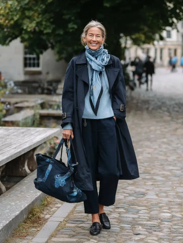 navy trench coat light blue knit navy cropped pants navy loafers patterned scarf printed tote bag outfit 10