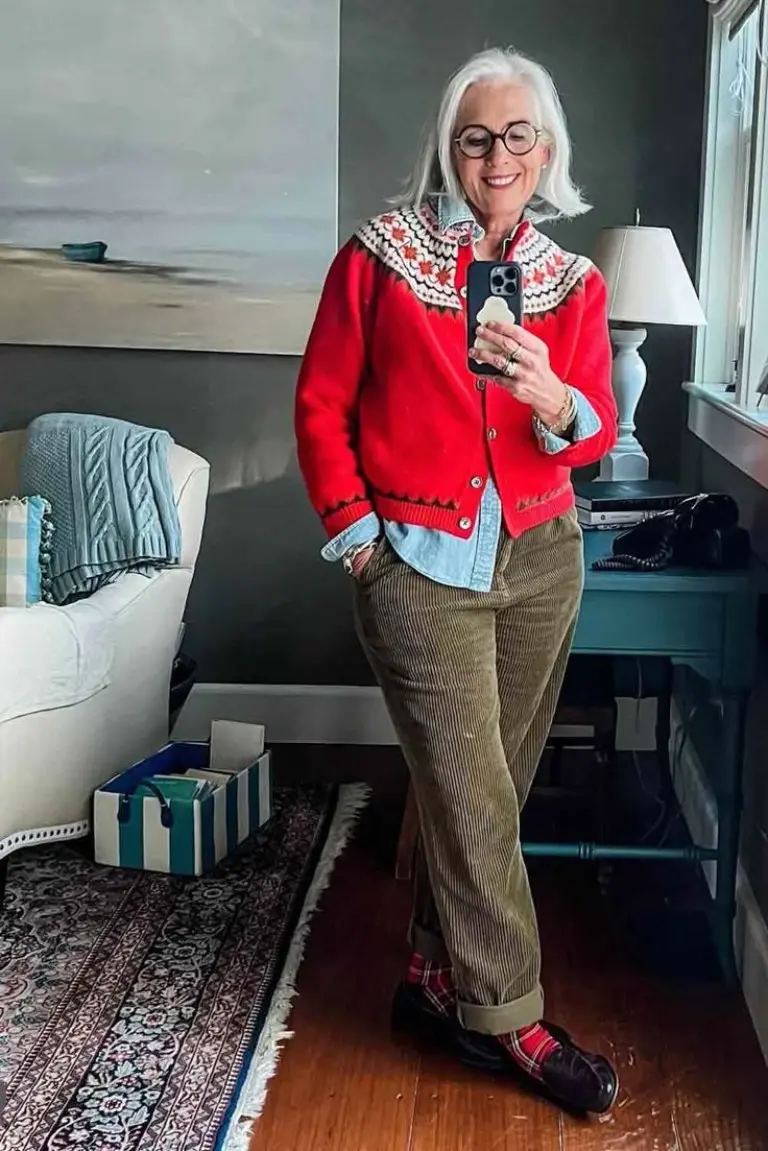 red folk pattern cardigan blue button shirt olive corduroy pants plaid sneakers glasses outfit 12