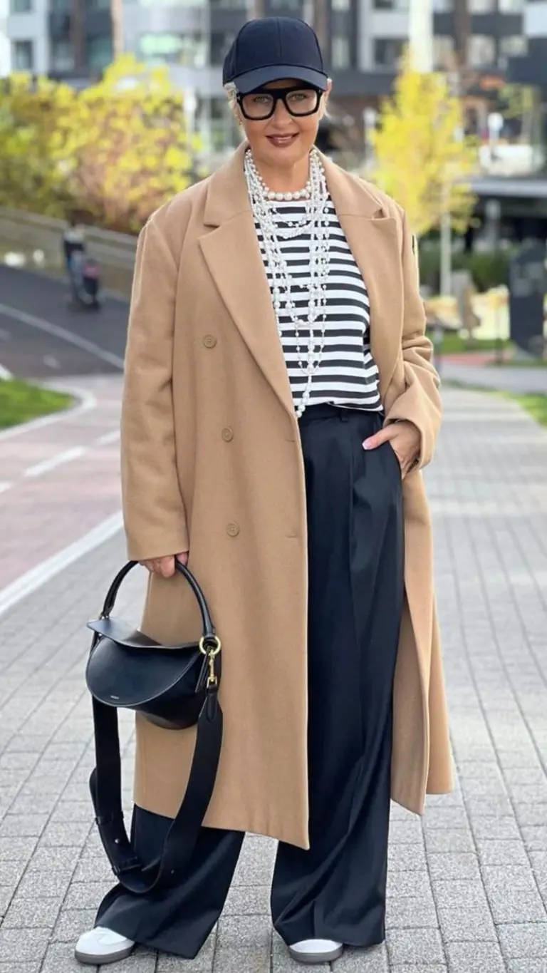 camel long coat striped tee navy wide-leg pants black cap pearls black handbag white sneakers outfit 17