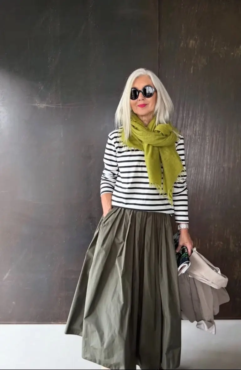 woman wearing striped long sleeve tee with olive full skirt and chartreuse scarf with sunglasses outfit 9