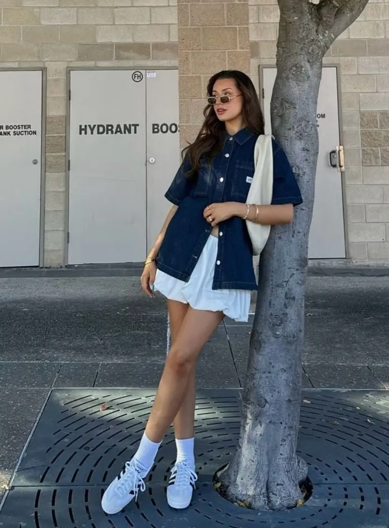 navy denim vest white mini dress white sneakers crossbody bag outfit 1