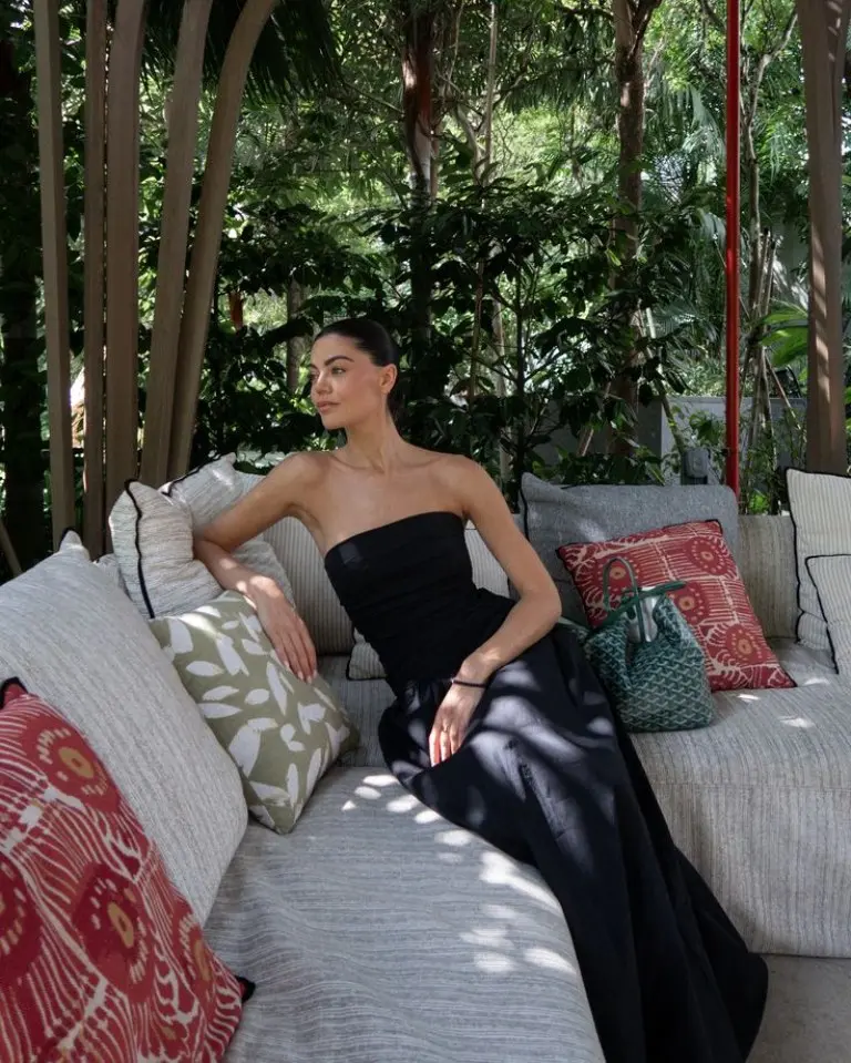 black strapless midi dress gold jewelry outdoor seating outfit 7