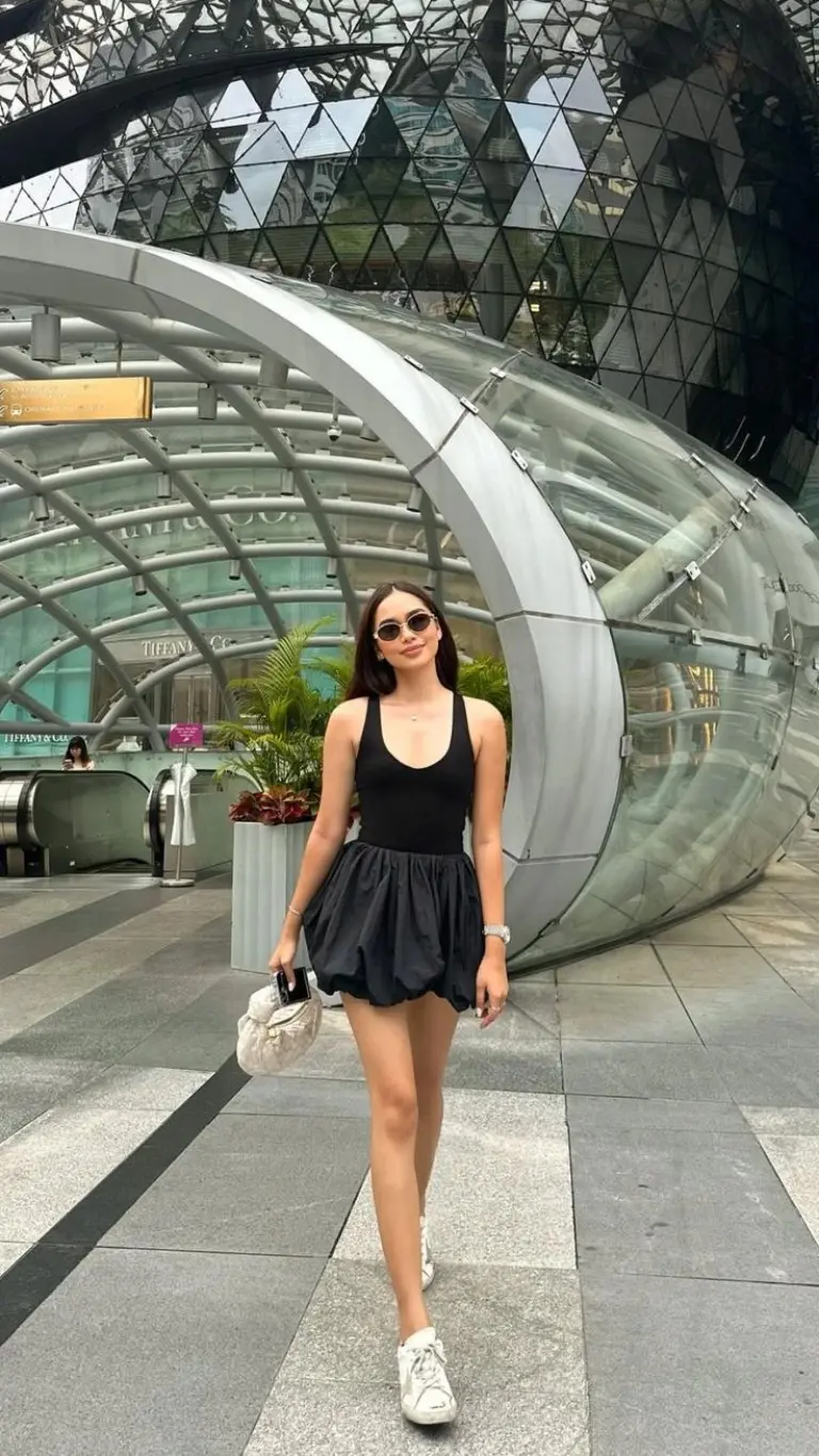 black tank top black bubble skirt white sneakers designer bag outfit 19