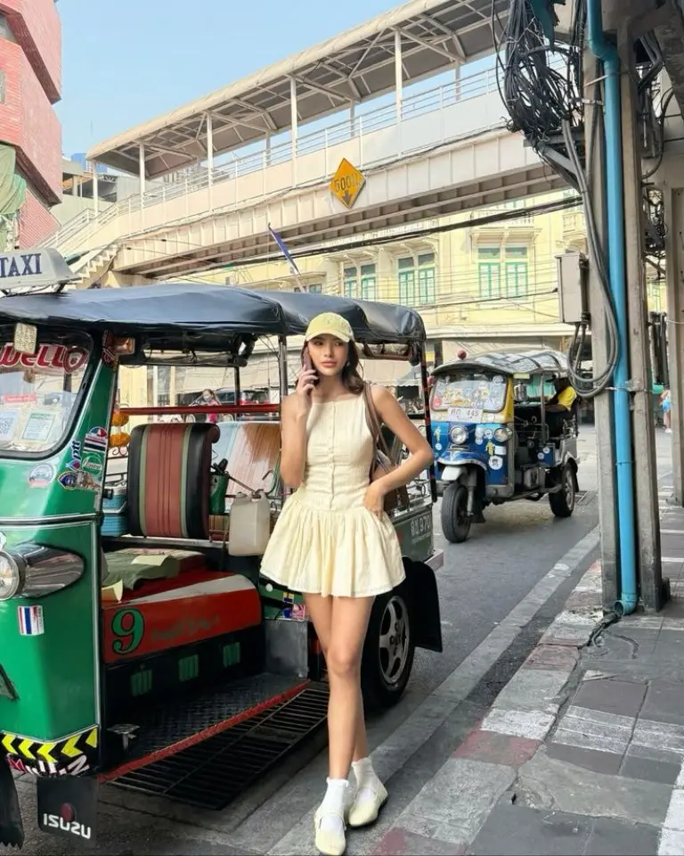 cream pleated mini dress beige espadrille wedges cap airport tuk tuk travel connection outfit 18