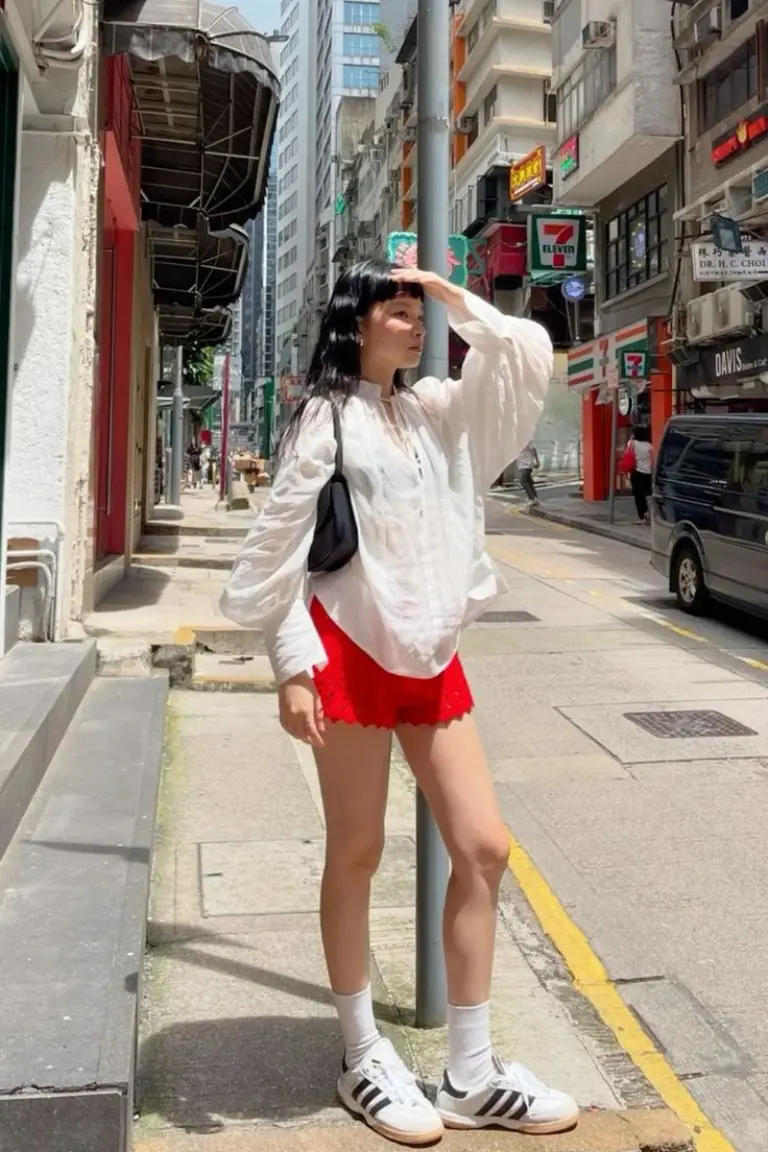 oversized white shirt red mini skirt white platform sneakers hong kong street urban outfit 21