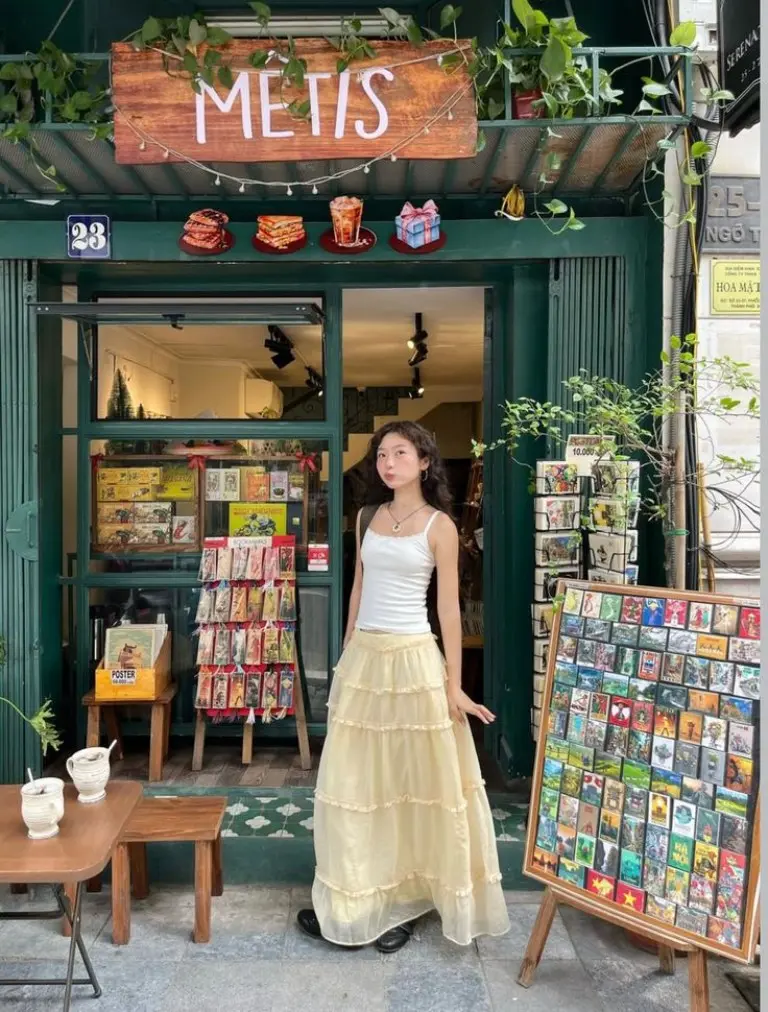 white camisole tiered beige maxi skirt black mary jane flats bookstore café hanoi outfit 22
