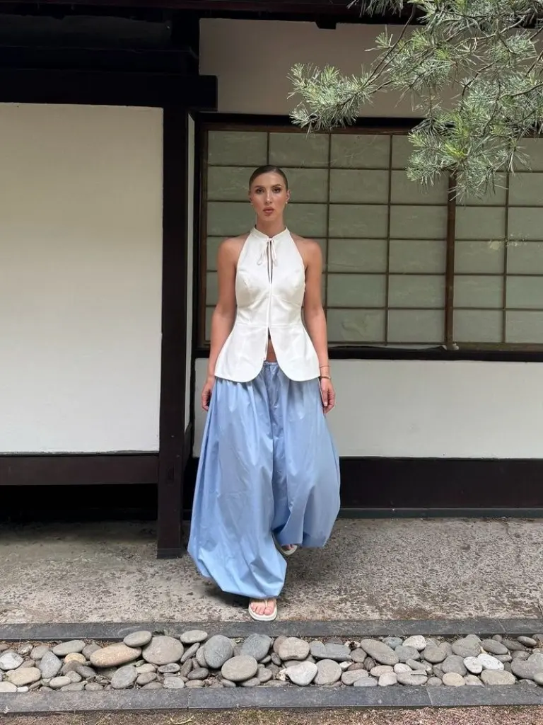 white halter peplum top light blue wide leg pants white sandals traditional temple japanese style outfit 25