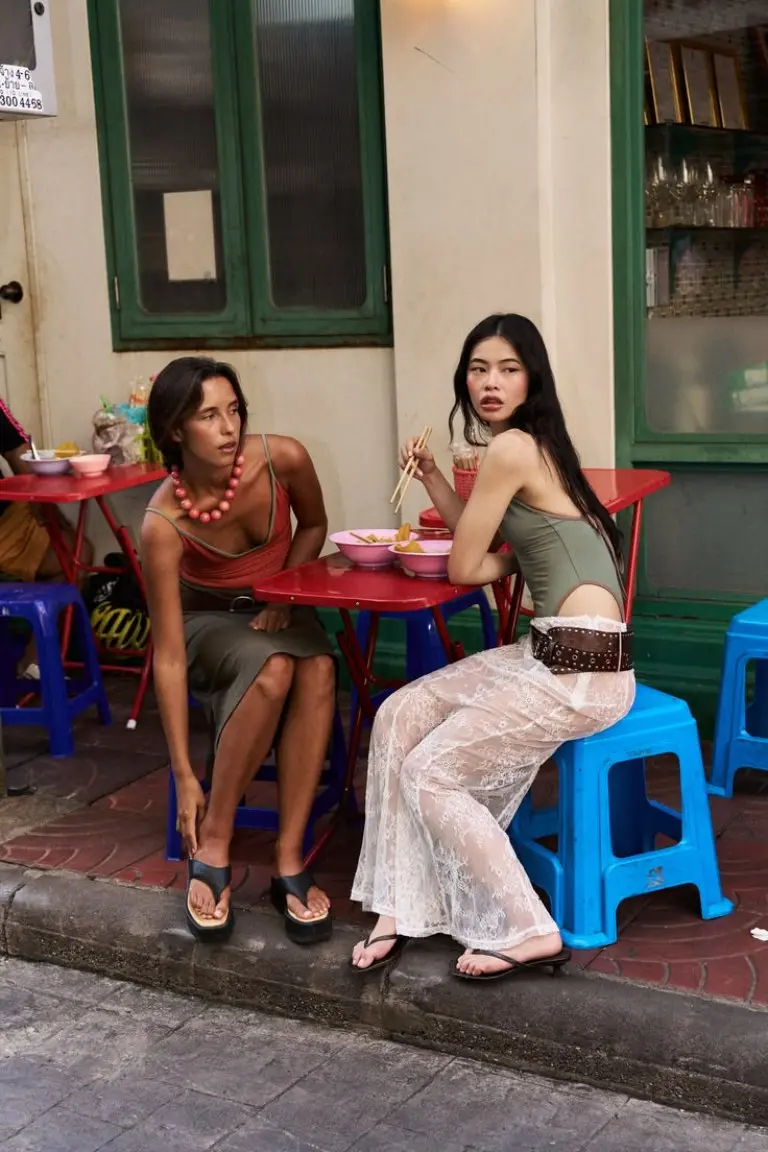 rust tank dress platform sandals beaded necklaces pho restaurant street food plastic stools outfit 28