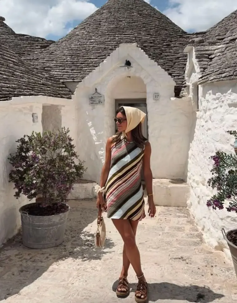 multicolored striped sarong dress with cream headscarf and platform sandals outfit 14