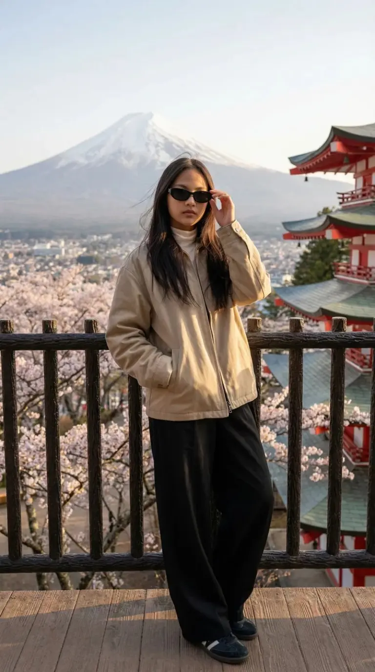 woman in beige hoodie bomber jacket black wide leg pants sneakers mountain scenic viewpoint outfit 4