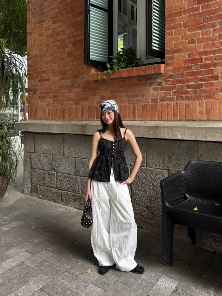 black polka dot camisole white wide leg pants polka dot headband black ballet flats craft district outfit 19
