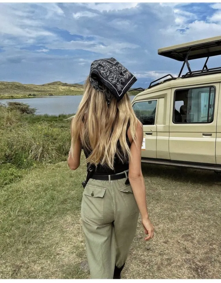 black tank top olive cargo pants black bandana sunglasses safari vehicle outfit 2