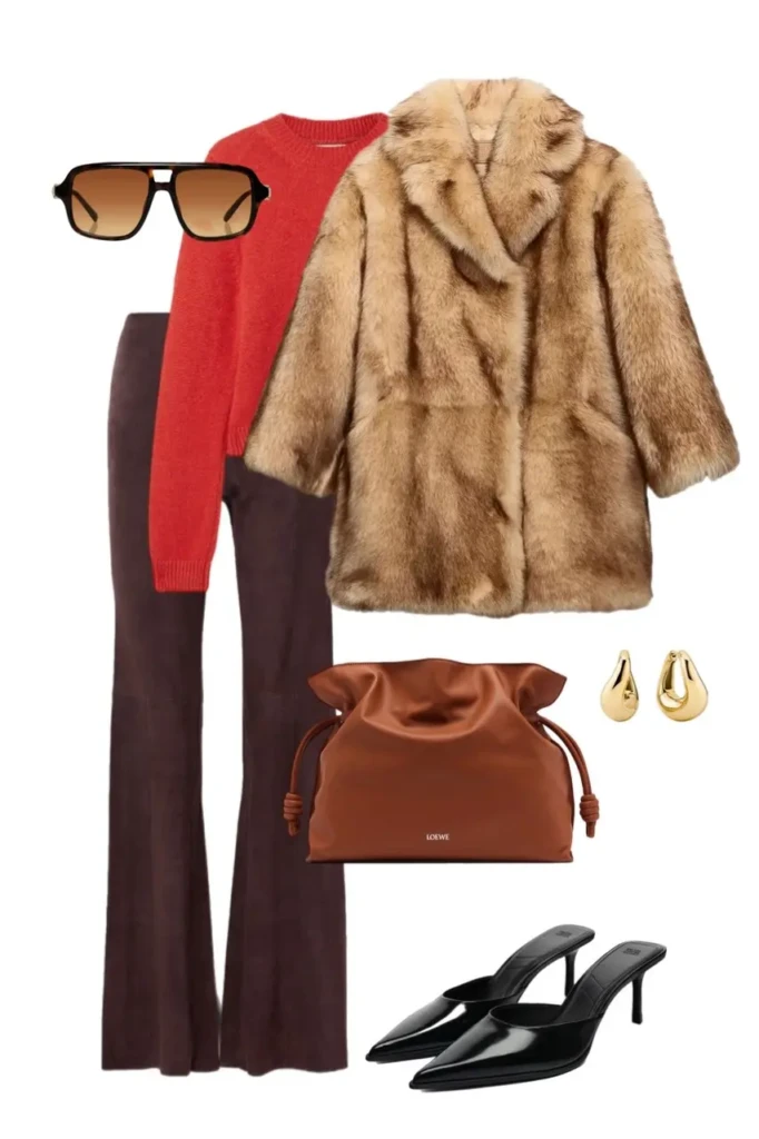 camel fur coat red crew neck sweater chocolate brown flared trousers cognac drawstring bag black pointed mule heels gold teardrop earrings aviator sunglasses fur coat outfit aesthetic 2