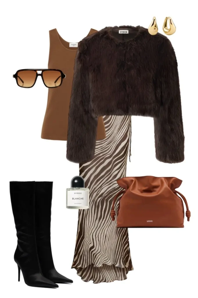 dark chocolate brown cropped fur jacket brown tank top zebra print brown cream satin midi skirt black knee high stiletto boots cognac drawstring bag gold earrings tortoiseshell sunglasses fur coat outfit aesthetic 3