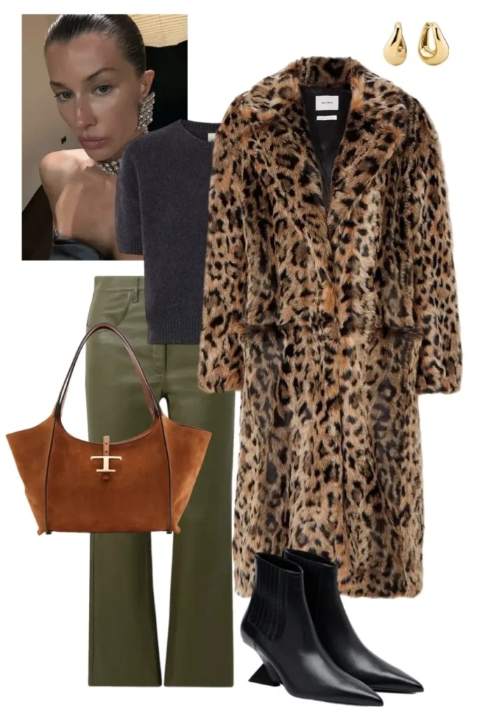 leopard print long fur coat charcoal grey crew neck sweater olive green leather wide leg trousers black ankle boots cognac suede tote bag gold teardrop earrings fur coat outfit aesthetic 4
