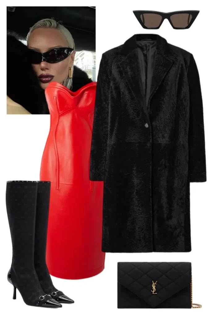 black textured fur long coat red patent sculpted midi dress black logo embellished knee high boots black quilted YSL chain bag narrow cat eye sunglasses fur coat outfit aesthetic 5