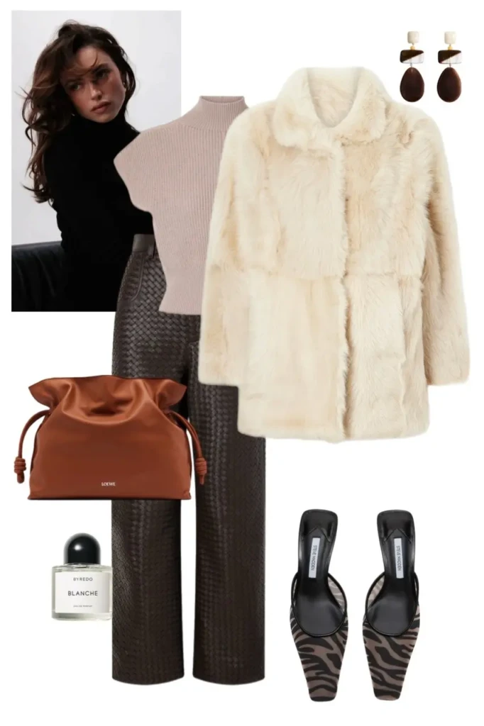 ivory cream fur mid length coat blush mauve turtleneck sweater dark chocolate woven leather wide leg trousers zebra print pointed mule heels cognac drawstring bag geometric resin earrings fur coat outfit aesthetic 6