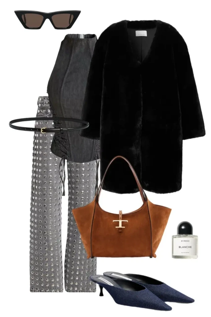 black oversized fur coat lace up black corset top crystal studded wide leg grey denim jeans thin black belt navy denim pointed mule heels cognac suede tote bag cat eye sunglasses fur coat outfit aesthetic 7