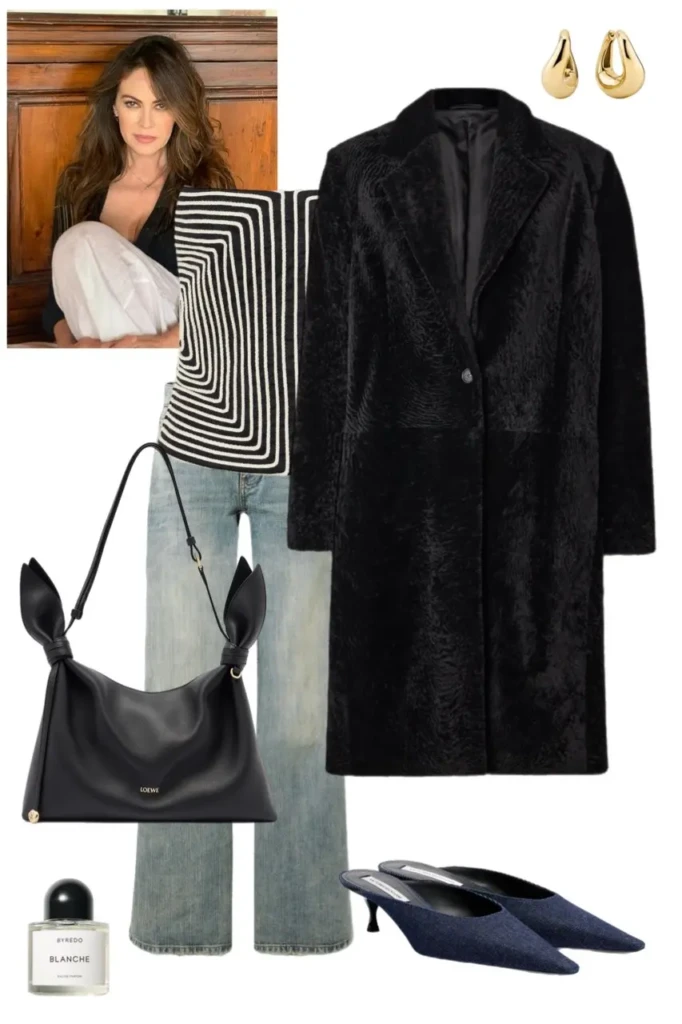 black long textured fur coat black white striped knit sleeveless top light wash wide leg jeans navy denim pointed kitten heel mules black bow handle shoulder bag gold teardrop earrings fur coat outfit aesthetic 8