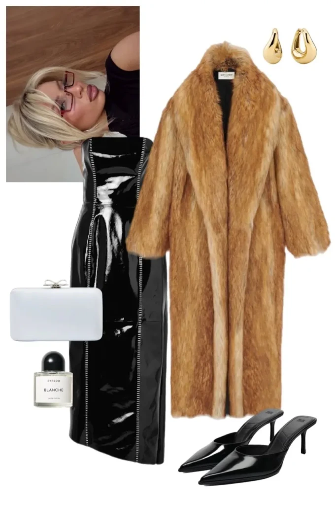 caramel tan long fur coat black patent zip front midi dress black pointed kitten heel mules white structured bow clutch bag gold teardrop earrings Byredo perfume fur coat outfit aesthetic 9
