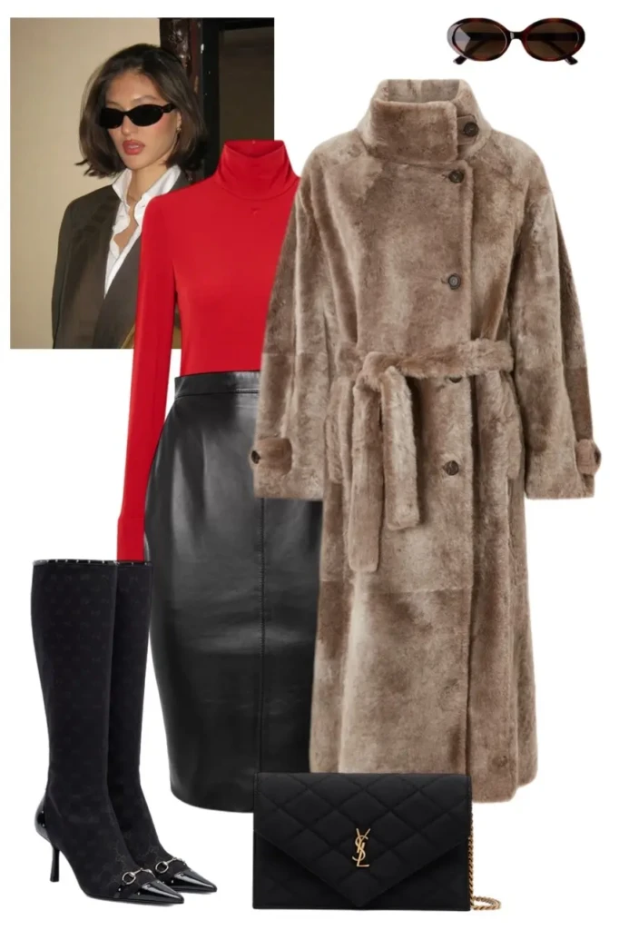 taupe beige belted button front midi fur coat red long sleeve turtleneck black leather pencil skirt black knee high pointed toe boots black YSL quilted chain bag oval tortoiseshell sunglasses fur coat outfit aesthetic 10
