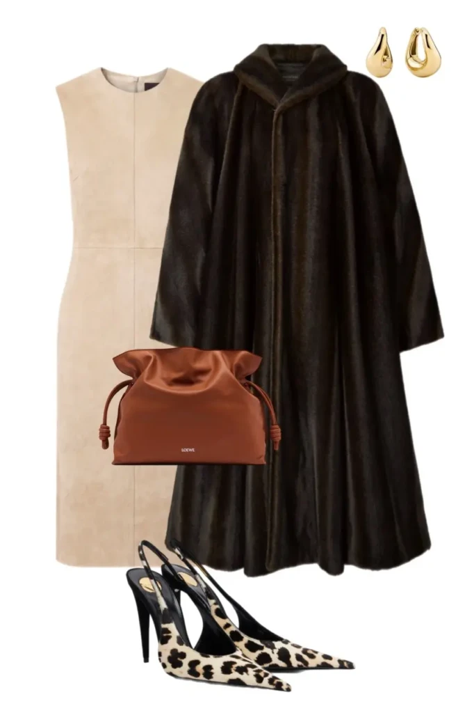 dark espresso mink style long swing fur coat cream suede sleeveless shift dress leopard print pointed slingback heels cognac leather drawstring bag gold teardrop earrings fur coat outfit aesthetic 11