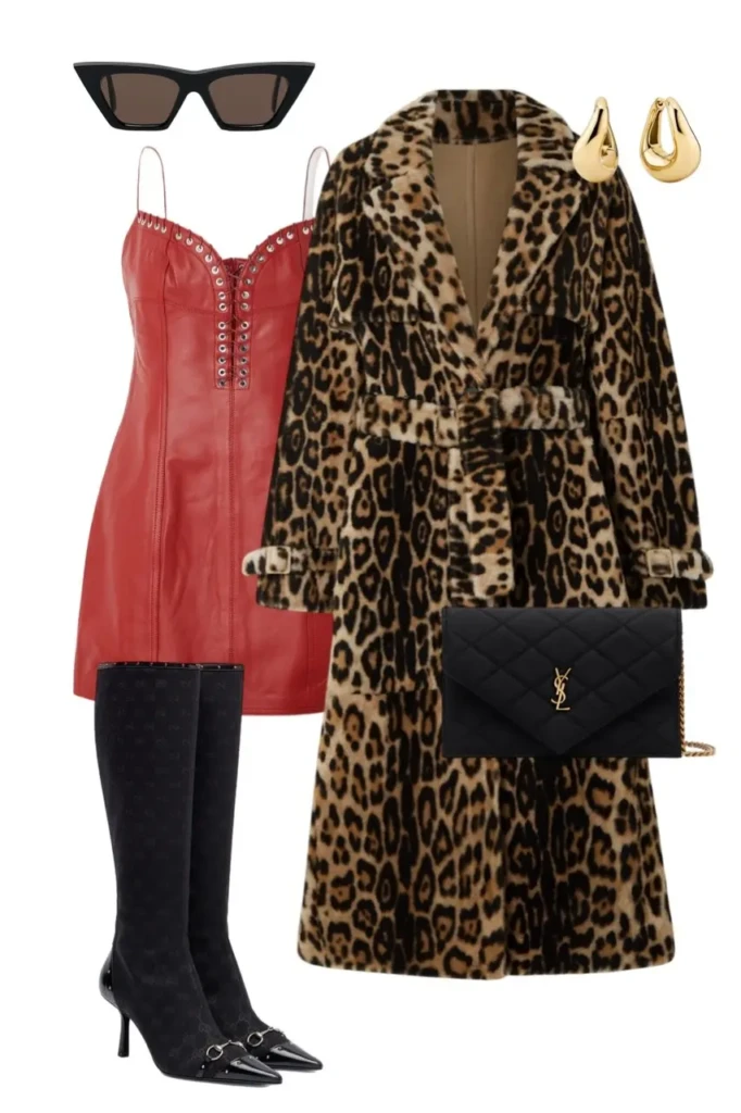 leopard print long fur coat red studded leather mini dress dark monogram over the knee boots black quilted YSL chain bag gold teardrop earrings narrow cat eye sunglasses fur coat outfit aesthetic 12
