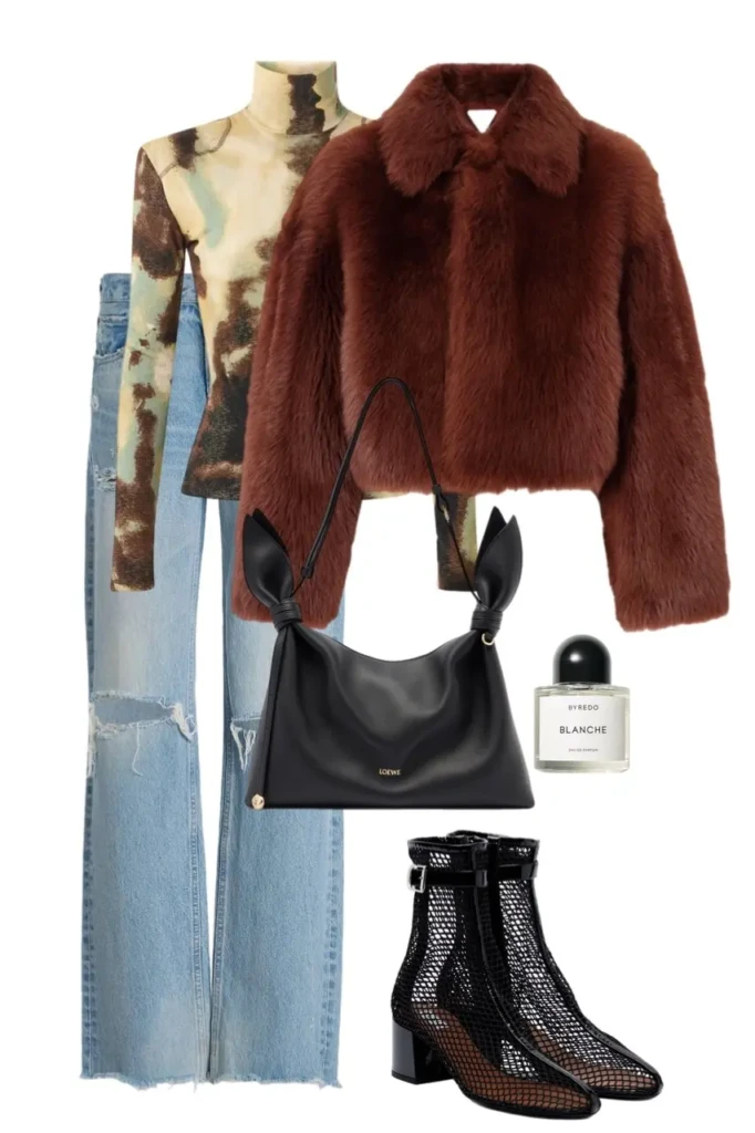 rust brown cropped fur jacket abstract printed mesh long sleeve top light wash distressed straight leg denim jeans black mesh block heel ankle boots black bow handle shoulder bag Byredo perfume fur coat outfit aesthetic 13