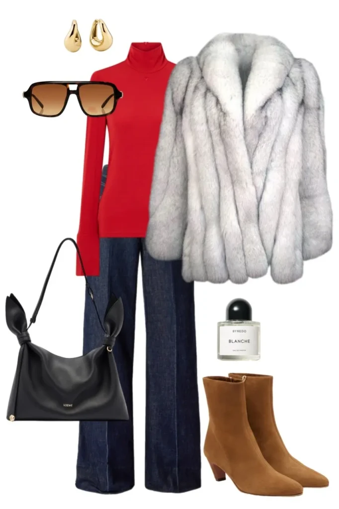 grey white striped faux fur cropped jacket red long sleeve turtleneck dark navy wide leg denim jeans cognac suede ankle boots black bow handle shoulder bag tortoiseshell aviator sunglasses gold earrings fur coat outfit aesthetic 14